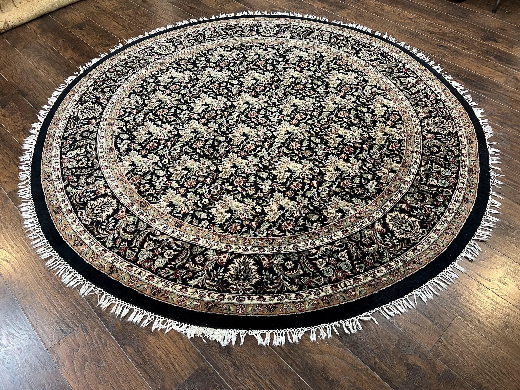 Round Oriental Rug 8x8 ft, William Morris Floral Pattern Carpet, 8 x 8 ft Round Rug, Black Cream and Tan 8ft Round Handmade Indo Persian Rug by Jewel Rugs