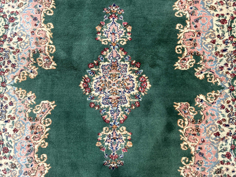 Persian Kerman Rug 4x6, Green Ivory Pink, Wool Vintage, Semi Open Field by Jewel Rugs