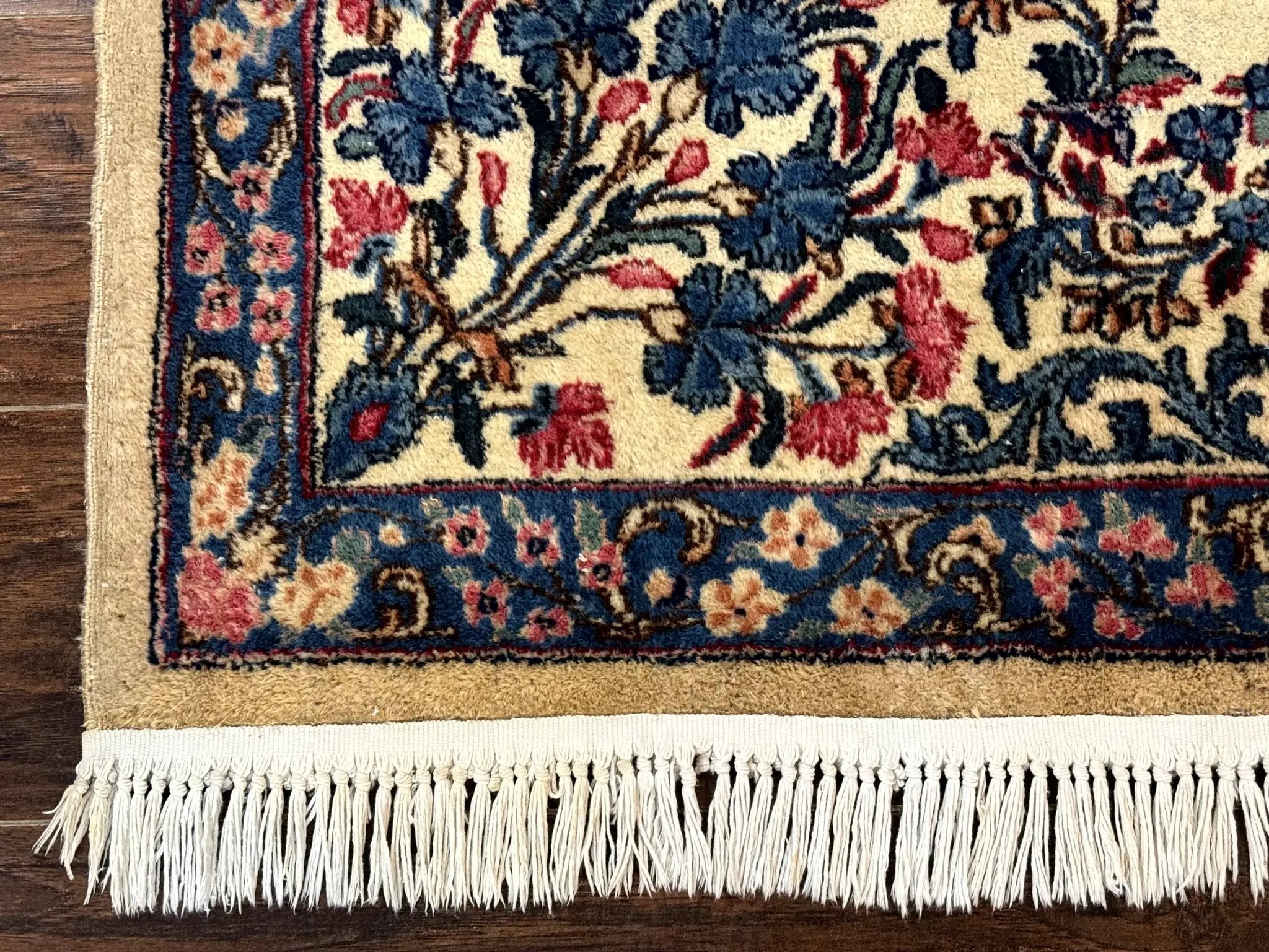 Square Persian Kerman Rug 4x4, Ivory Blue Pink, Handmade, Fine 225 KPSI by Jewel Rugs