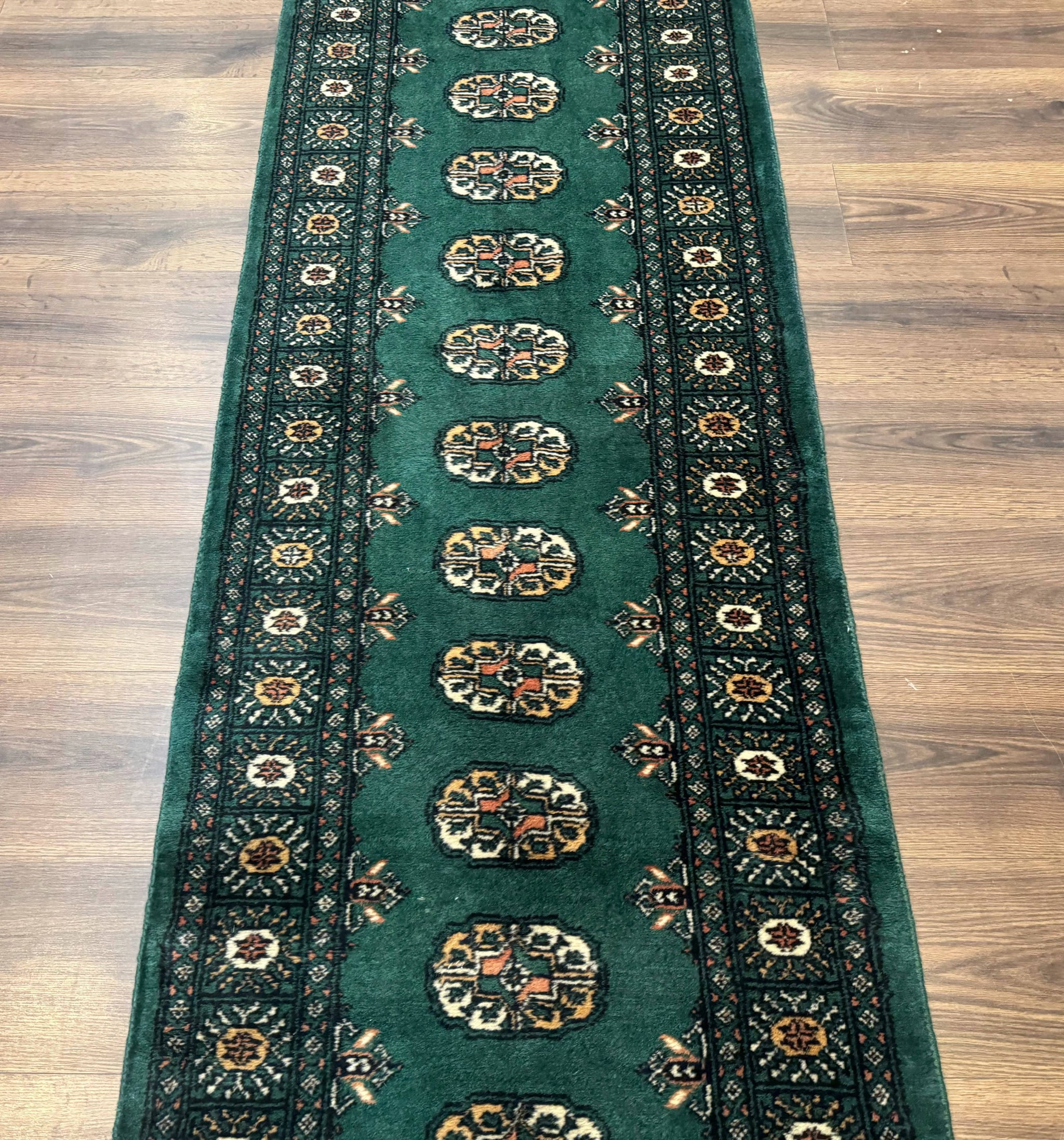 Pakistani Bokhara Runner Rug 2.5 x 11, Green Turkoman Wool Runner for Hallway by Jewel Rugs