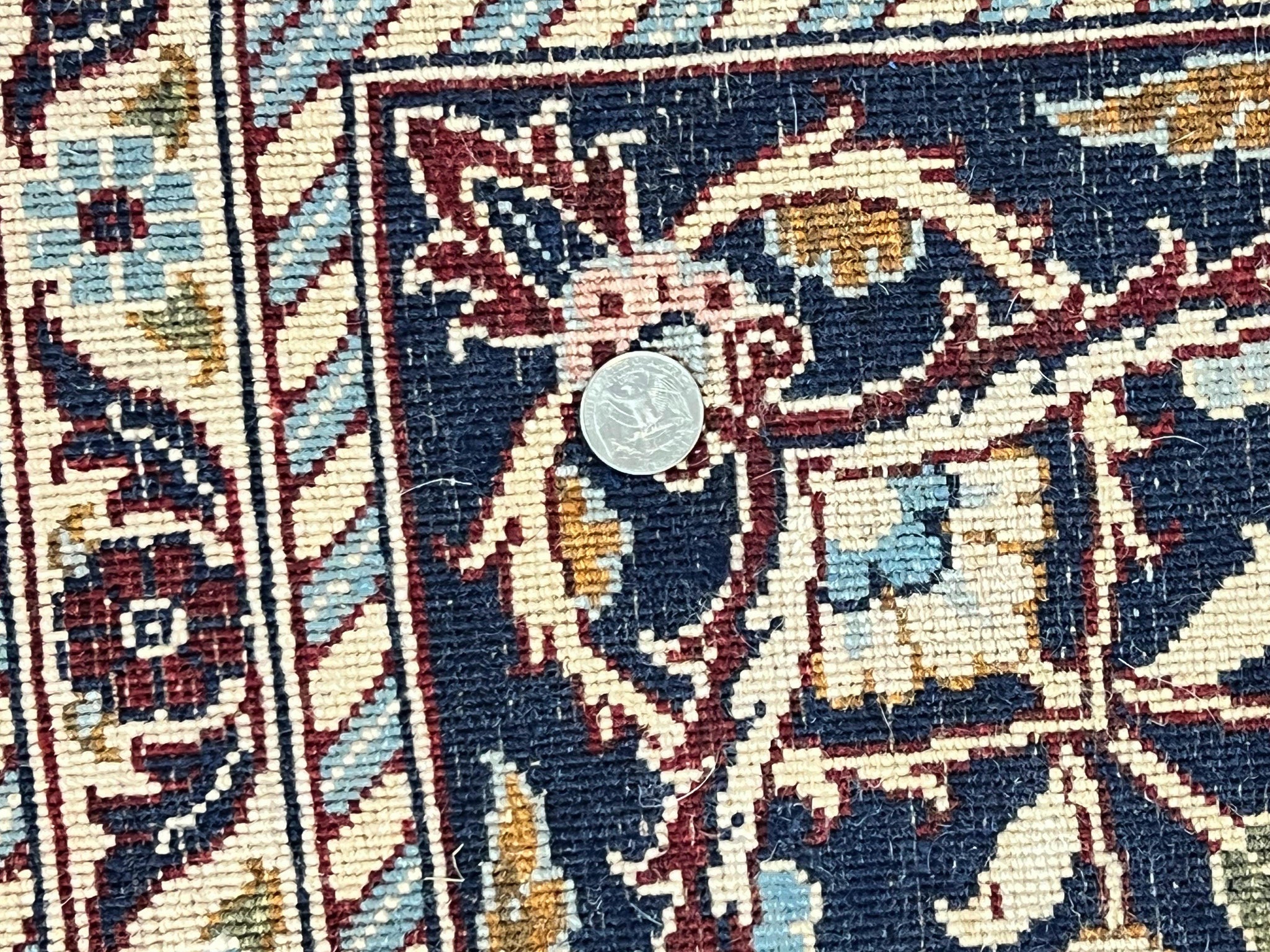 Indo Persian Sarouk Rug 9x12, Floral Allover, Dark Red & Navy Blue, Handmade Vintage Wool Carpet by Jewel Rugs