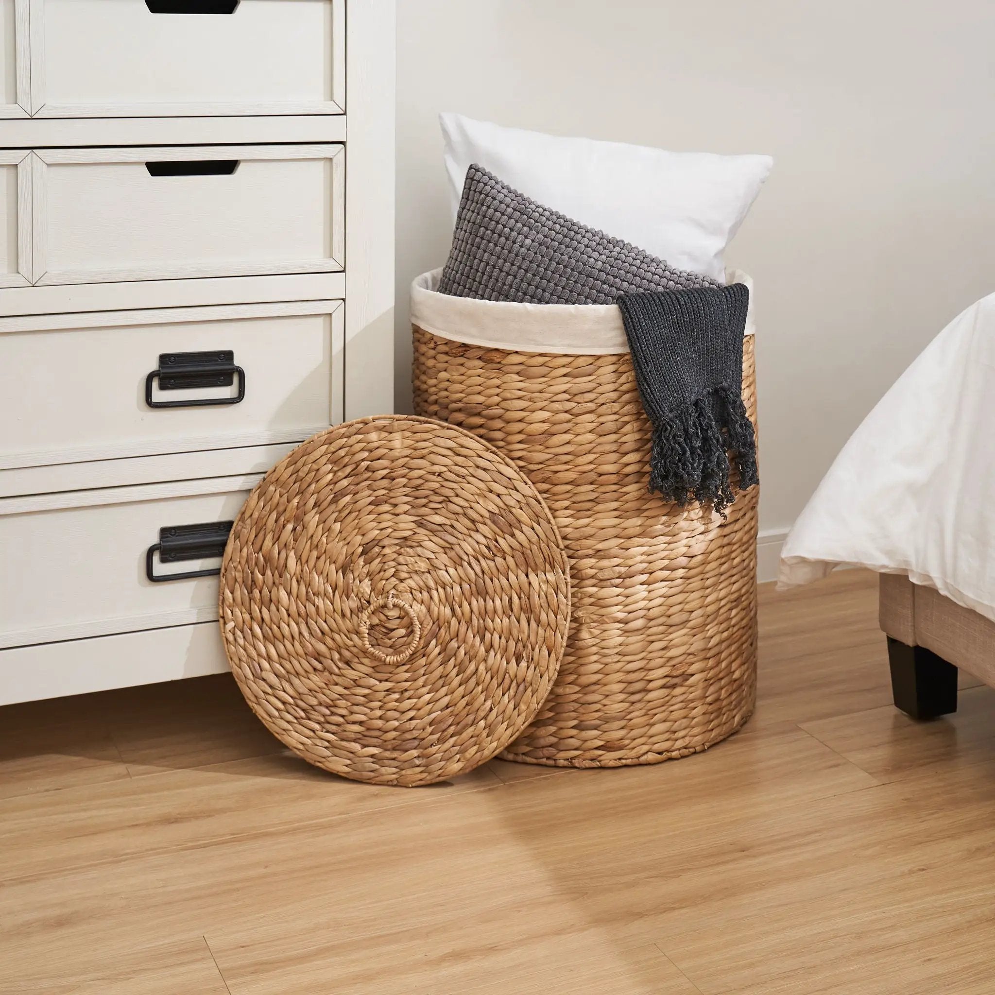 Round Tall Water Hyacinth Woven Wicker Laundry Hamper With Lid - For Clothes, Toys And Book Storage With Removable Liner - 15" X 15" X 20" - Natural Brown by Unique Piece Furniture