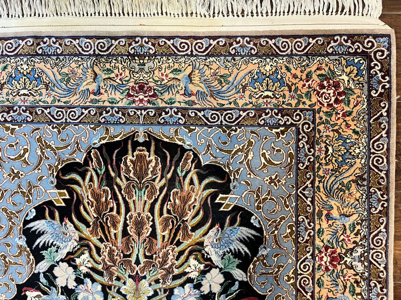 Wonderful Persian Isfahan Rug 3.7 x 5, Kork Wool on Silk Foundation, Very Fine 460 KPSI, Tree of Life Persian Vase Design Animal Pictorials Peacocks by Jewel Rugs