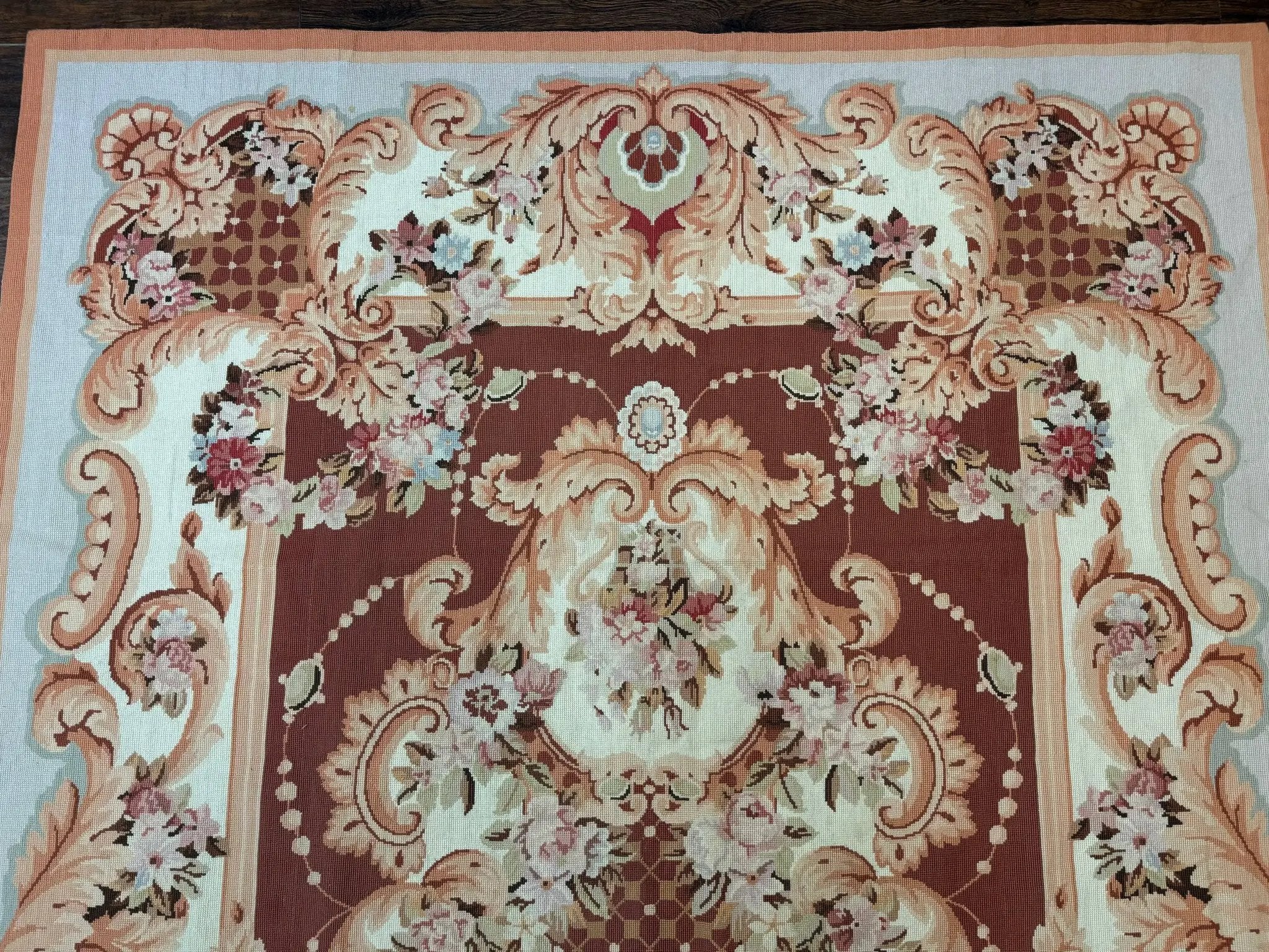 Vintage Needlepoint Rug 6x9, Aubusson Rug, Flatweave Wool Elegant Carpet, Medium Size, French European Design by Jewel Rugs