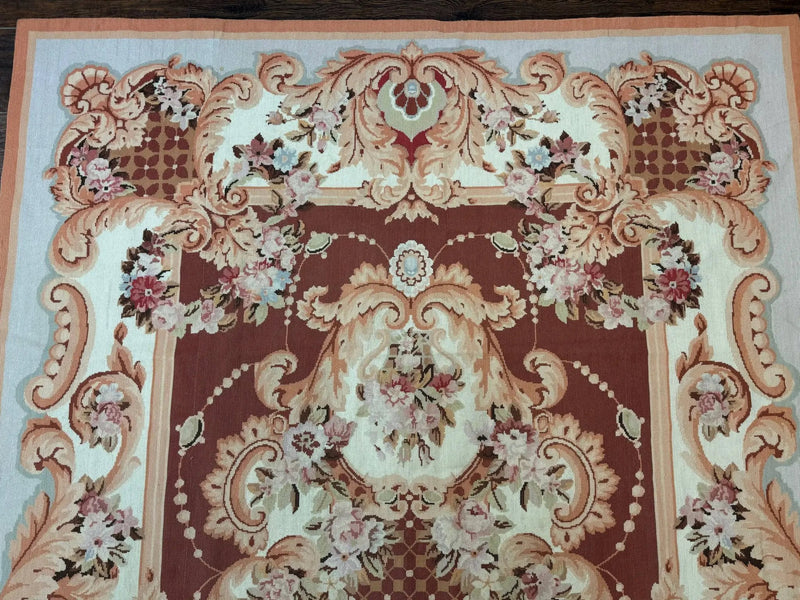 Vintage Needlepoint Rug 6x9, Aubusson Rug, Flatweave Wool Elegant Carpet, Medium Size, French European Design by Jewel Rugs