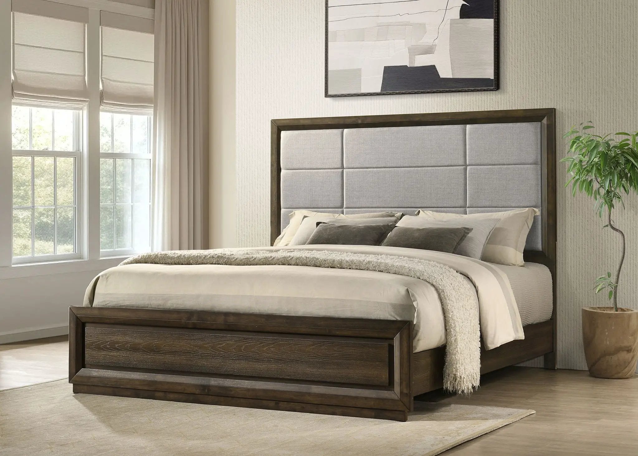 Atlas 63-inch California King Upholstered Panel Bed Grey and Dark Oak by Unique Piece Furniture