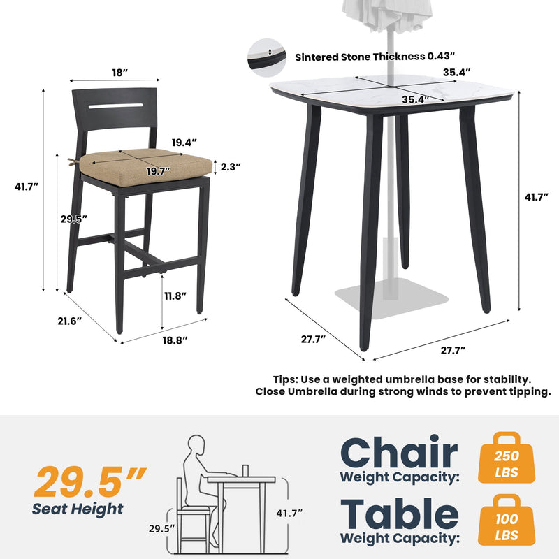 5 Pieces Outdoor Patio Bar Set, Rounded Square Table & 4 Aluminum Bar Stools by HouseOfZazla