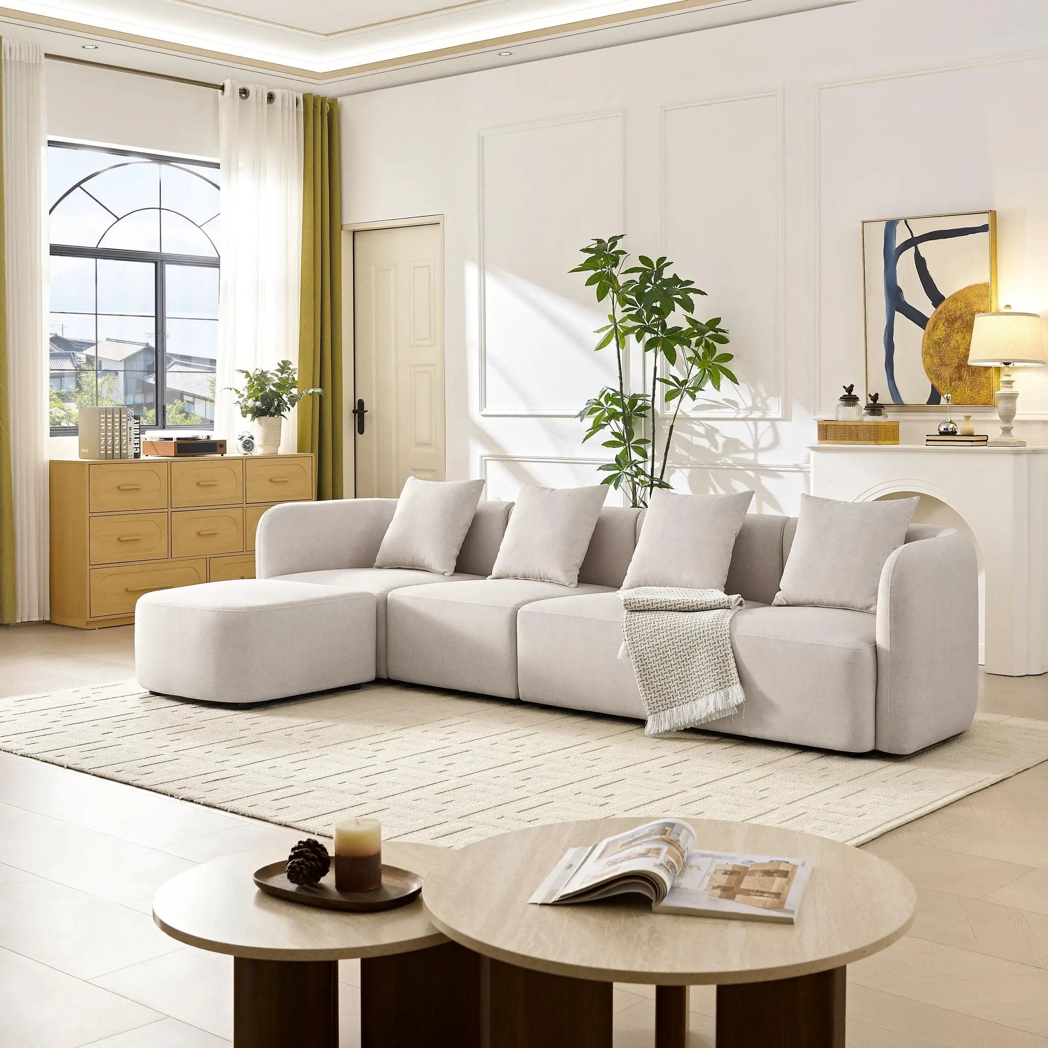 L-Shaped Modular Sectional Sofa With Ottoman, Living Room Furniture Set - Beige by HouseOfZazla