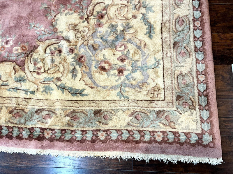Indo Chinese Aubusson Wool Rug 10x14, Pink and Cream, Handmade Vintage Wool Carpet, Elegant European Design by Jewel Rugs