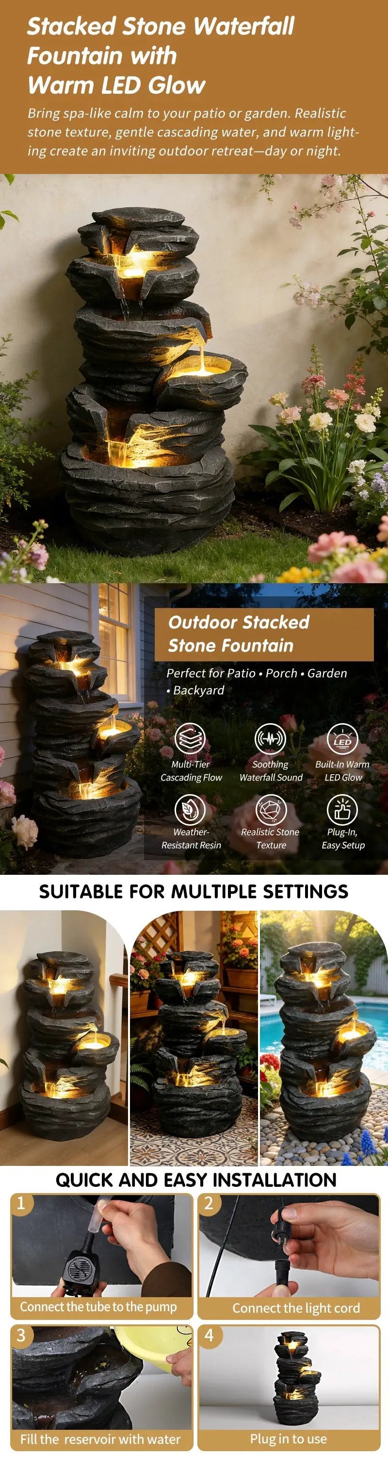 Outdoor Waterfall Fountain with Lights by HouseOfZazla