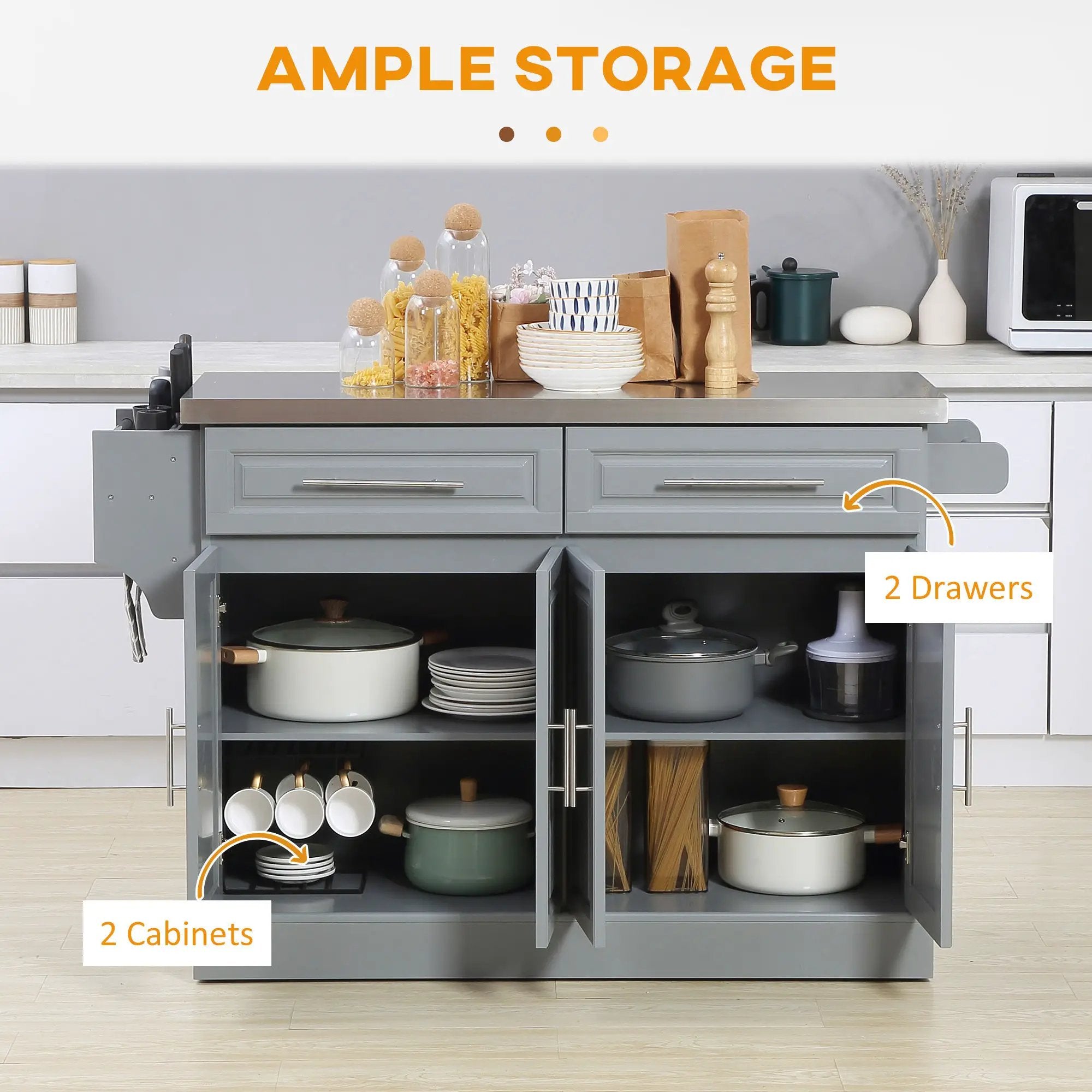 Homcom - Rolling Kitchen Island With Storage, Portable Kitchen Cart With Stainless Steel Top, 2 Drawers, Spice, Knife And Towel Rack And Cabinets by Unique Piece Furniture