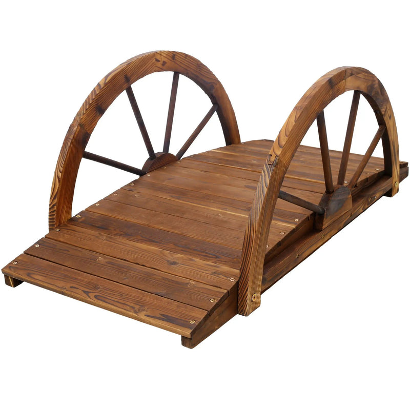 Wooden Garden Bridge Arc Footbridge With Half Wheel Railings Solid Fi - Brown by Unique Piece Furniture