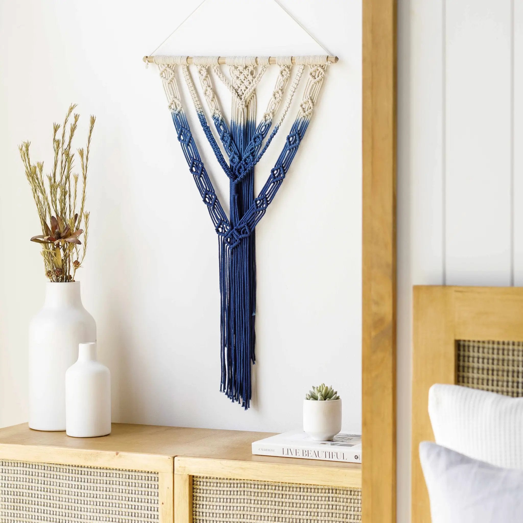 Dancalan Cream & Blue Macrame Wall Art - Clearance by Boutique Rugs