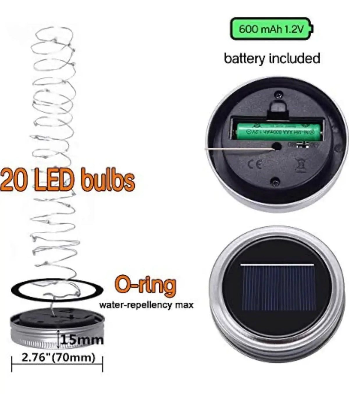 Davinci Solar Mason Jar Lights, 8 Pack 20 LED Fairy Jar Lids String Lights with Hangers by Outdoor Solar Outlet