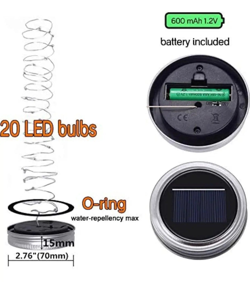Davinci Solar Mason Jar Lights, 8 Pack 20 LED Fairy Jar Lids String Lights with Hangers by Outdoor Solar Outlet