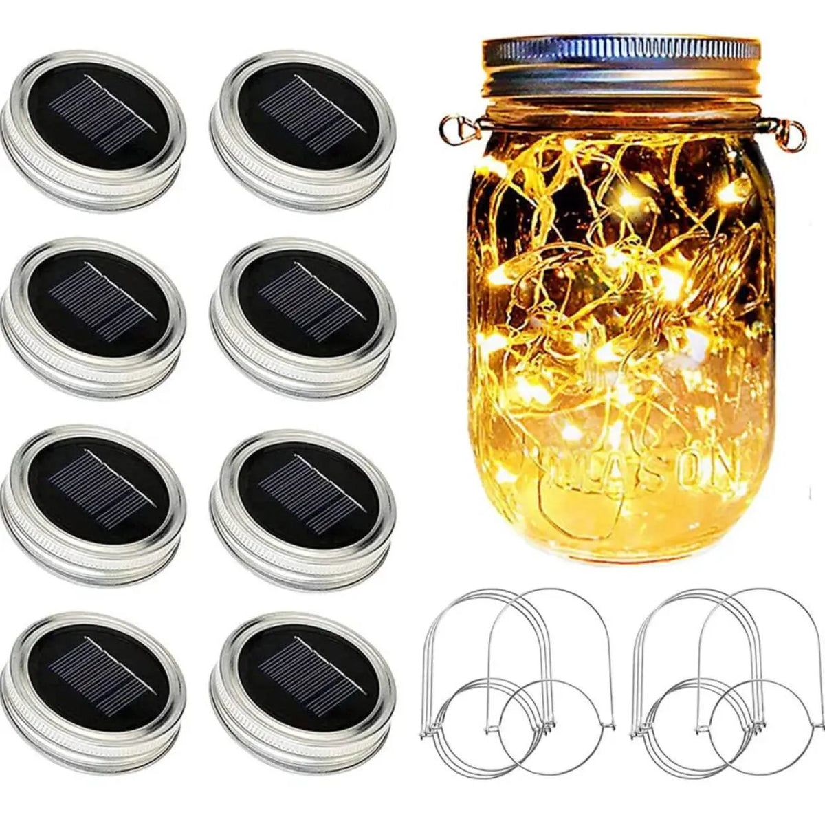 Davinci Solar Mason Jar Lights, 8 Pack 20 LED Fairy Jar Lids String Lights with Hangers by Outdoor Solar Outlet