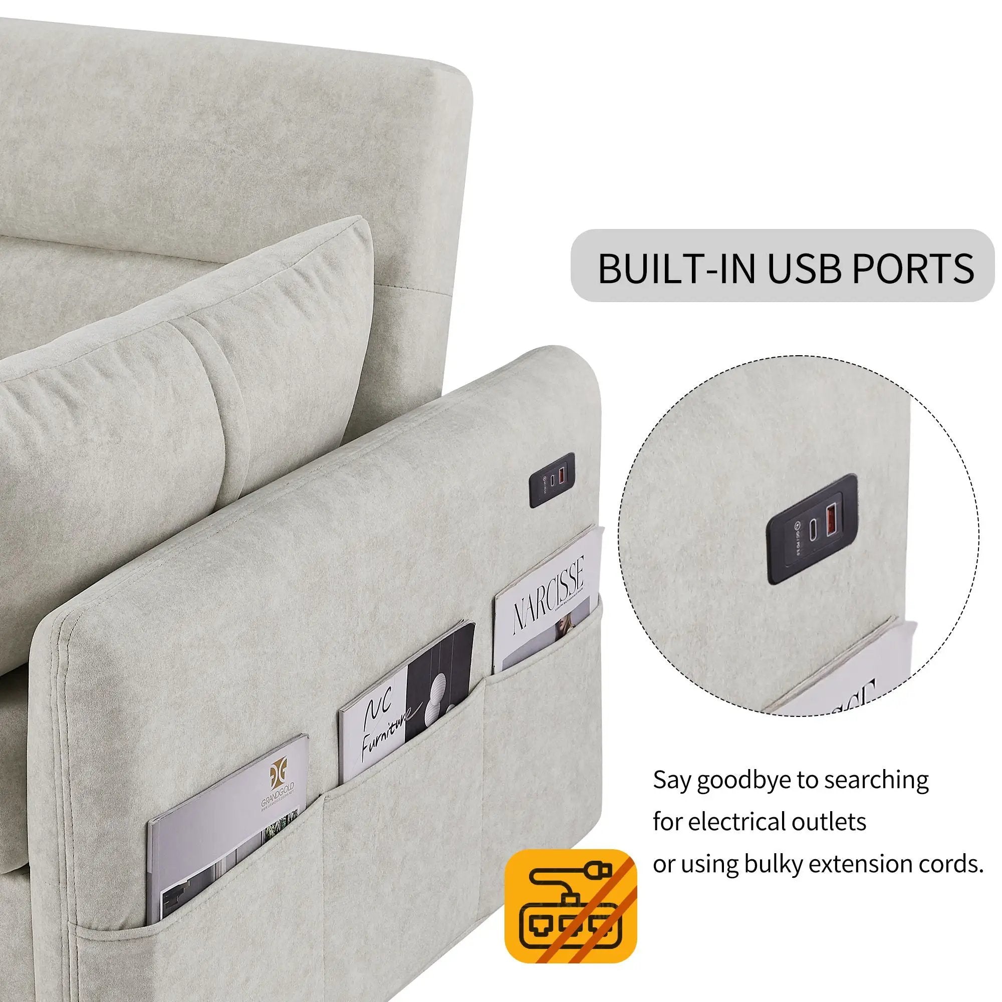 Pull Out Sleep Sofa Bed Loveseats Sofa Couch With Adjsutable Backrest, Storage Pockets, 2 Soft Pillows, USB Ports For Living Room, Bedroom, Apartment, Office by HouseOfZazla