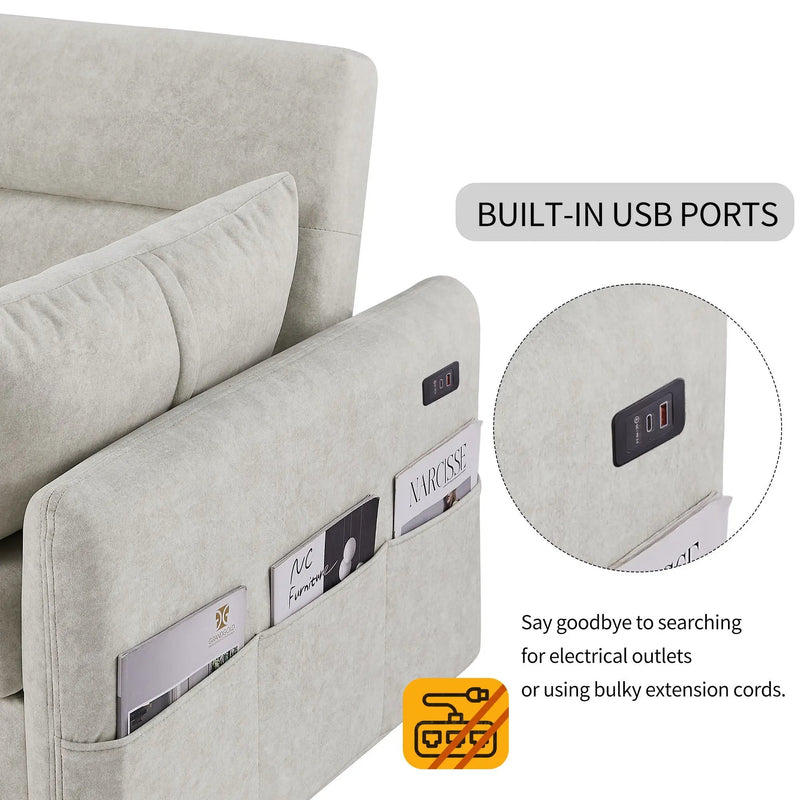 Pull Out Sleep Sofa Bed Loveseats Sofa Couch With Adjsutable Backrest, Storage Pockets, 2 Soft Pillows, USB Ports For Living Room, Bedroom, Apartment, Office by HouseOfZazla
