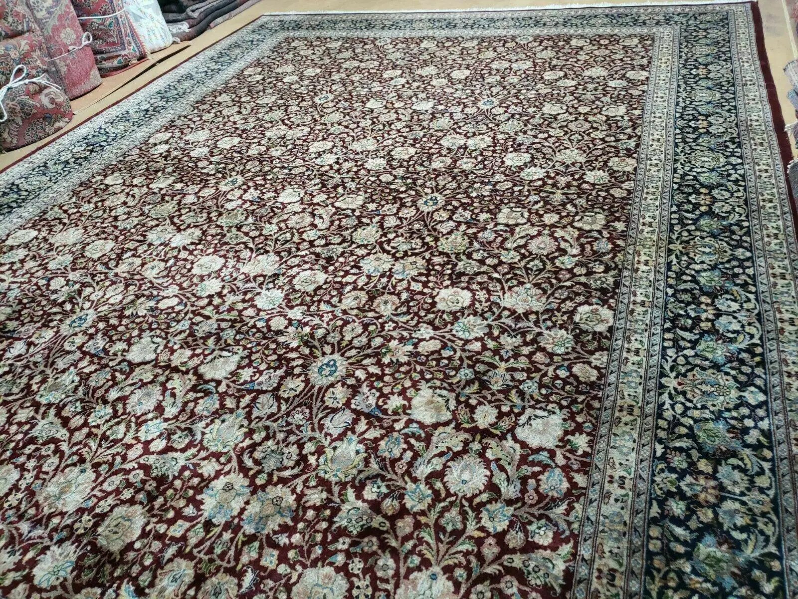 Persian Rug 9x12, Floral Allover, Very Fine, Handmade, Room Sized Oriental Carpet, Sino Persian, Maroon and Navy Blue by Jewel Rugs