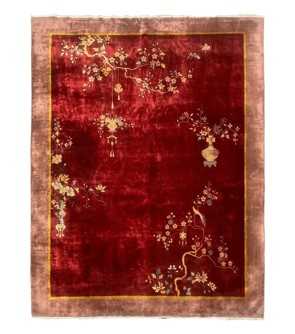 Red Chinese Art Deco Rug 9x11, Simple Design, Wool Chinese Area Rug, Antique