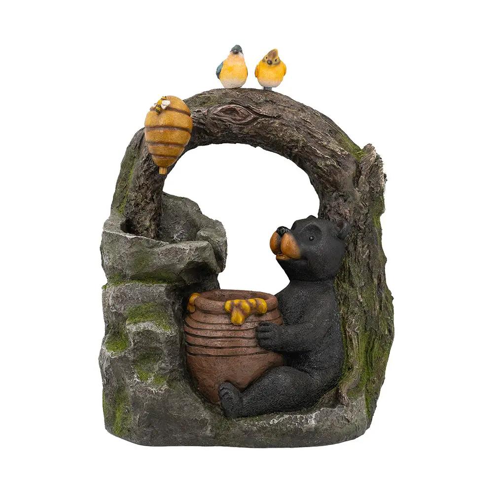 Decorative Two Tiered Water Fountain With Woodland Animal Design, Outdoor Fountain With Light And Pump - Dark Gray by Unique Piece Furniture