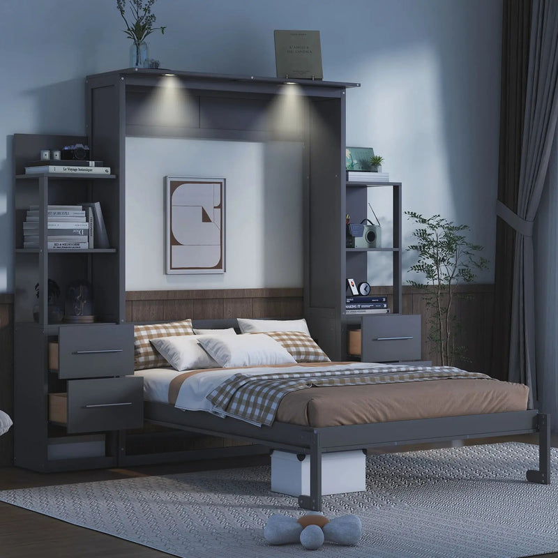 Murphy Wall Bed With LED Lights, Shelves And Drawers by Unique Piece Furniture