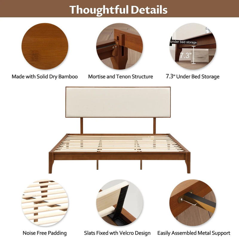 King Size Solid Dry Bamboo Wood 12" Platform Bed With Adjustable Bamboo Headboard - Brown by Unique Piece Furniture