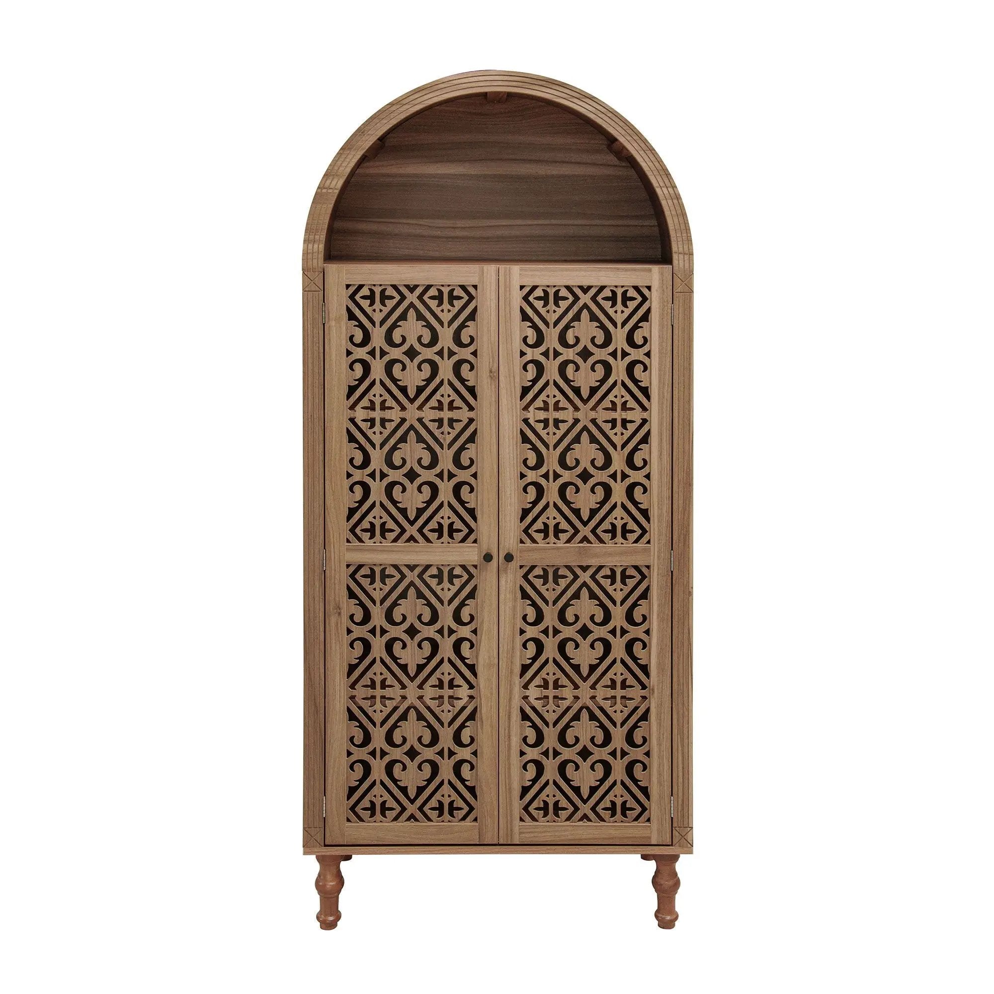 Tall Kitchen Pantry Cabinet With Hollow Carved Doors Adjustable Shelves Versatile Storage Cabinet For Kitchen - Walnut by Unique Piece Furniture