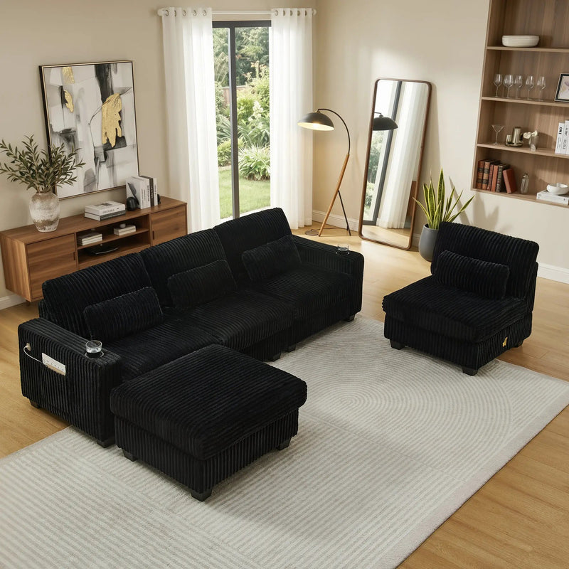 L-Shaped Corduroy Modular Sectional Sofa with Detachable Footrest by HouseOfZazla
