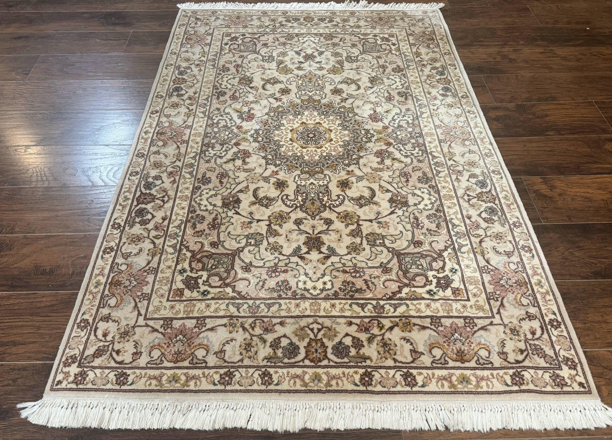 Pak Persian Rug 4x6, Floral Medallion, Beige, Wool and Silk Highlights, Vintage Handmade Rug by Jewel Rugs