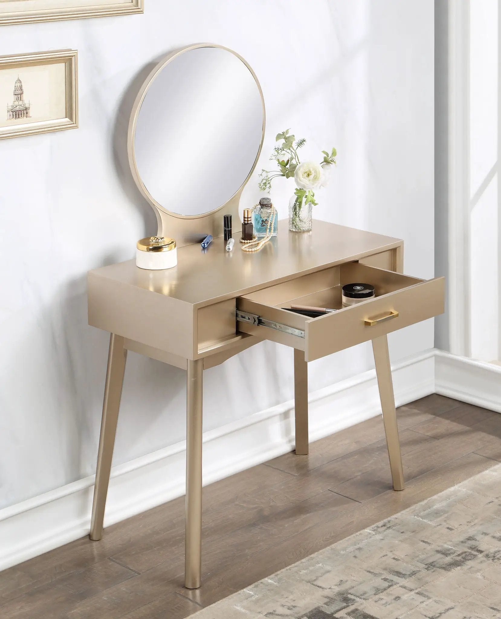 Maly - Contemporary Wood Vanity And Stool Set - Gold by Unique Piece Furniture