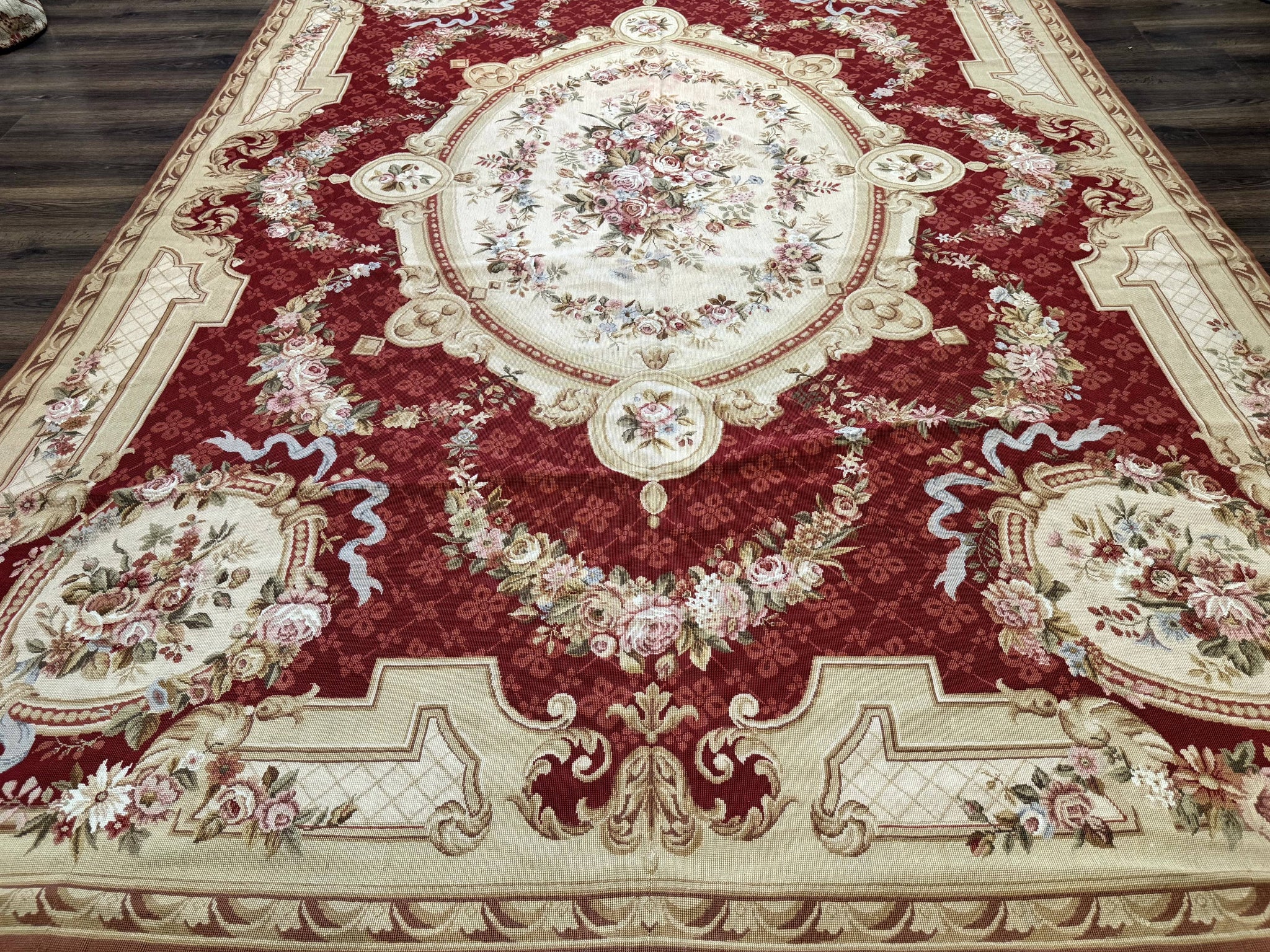 Aubusson Rug 8x11, Needlepoint Carpet, Red Ivory Beige, Vintage, French European Design by Jewel Rugs