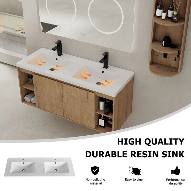 Modern 48" Wall Mounted Bathroom Vanity With Double Resin Sink And Storage Rack Soft Close Doors - Imitative Oak by Unique Piece Furniture