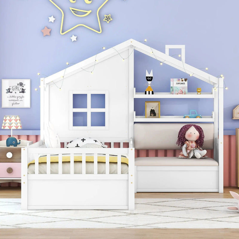 House Bed With Sofa, Kids Platform Bed With 2 Drawers And Storage Shelf by Unique Piece Furniture
