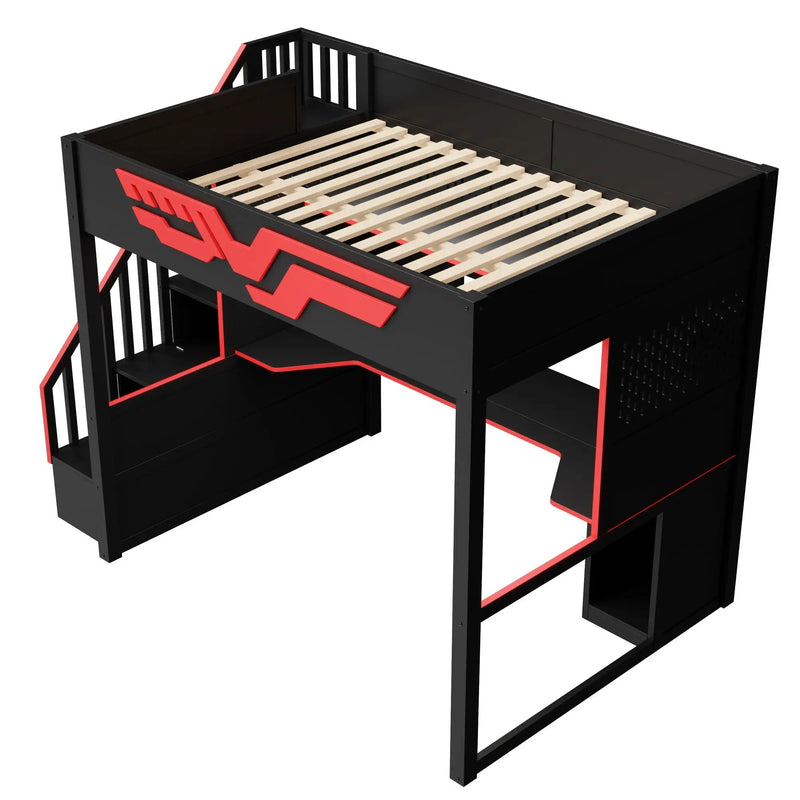 Full Gaming Loft Bed With Desk And Storage Staircase, LED Lights And USB - Red / Black by HouseOfZazla