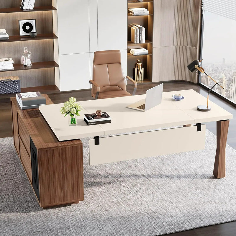 L-Shaped Executive Desk With Storage Cabinet, Home Office Workstation With Shelves - White / Walnut by HouseOfZazla