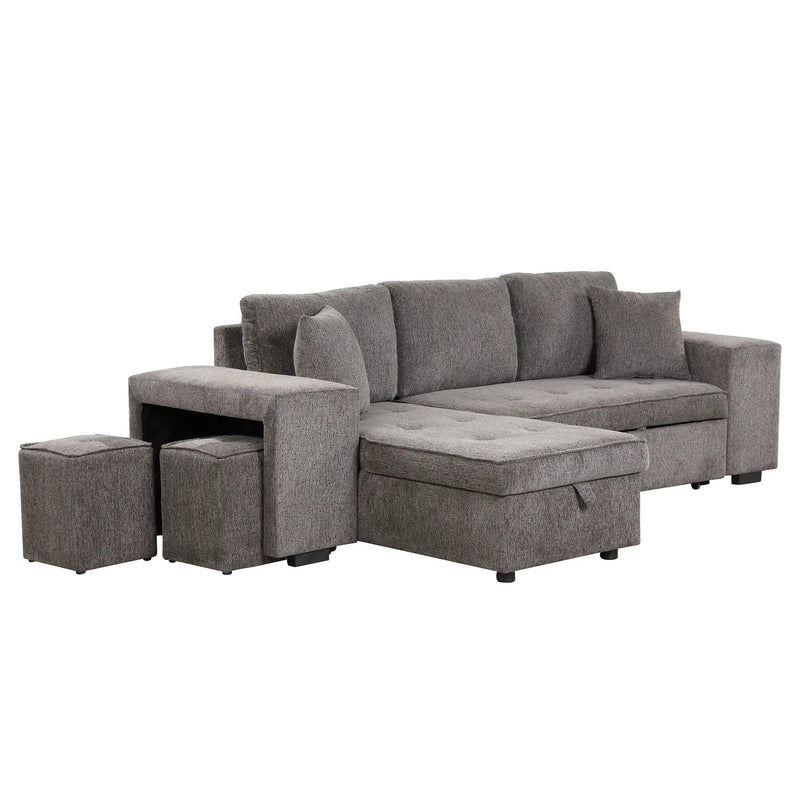 Modern L-Shape 3 Seat Reversible Sectional Couch, Pull Out Sleeper Sofa With Storage Chaise And 2 Stools For Living Room Furniture Set by HouseOfZazla