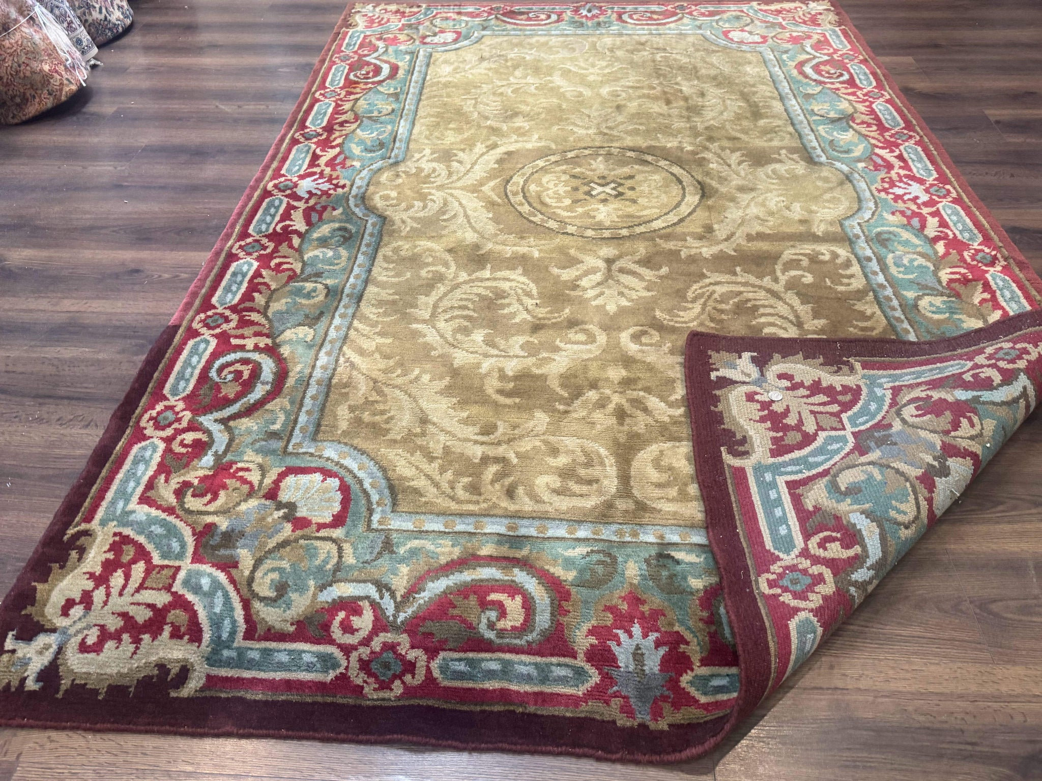 Tibetan Aubusson Rug 6x9, Gold-Beige, Soft Wool Pile, Handmade by Jewel Rugs