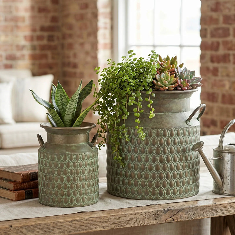S/2 Iron Milk Jug Planters with Textured Green Finish by HouseOfZazla
