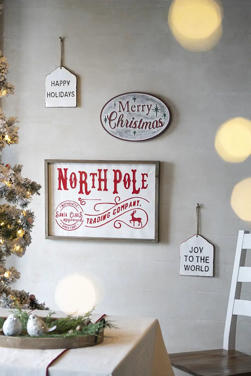 Iron / Wood North Pole Trading Company Wall Sign, For Christmas Holiday Table Wall Decor - White / Red by Unique Piece Furniture