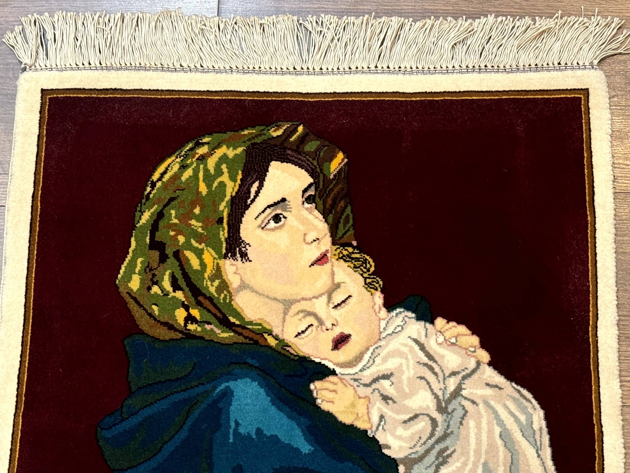 Small Persian Tabriz Pictorial Rug 2x2, Mother Holding Child, Very Fine 340 KPSI, Maroon by Jewel Rugs