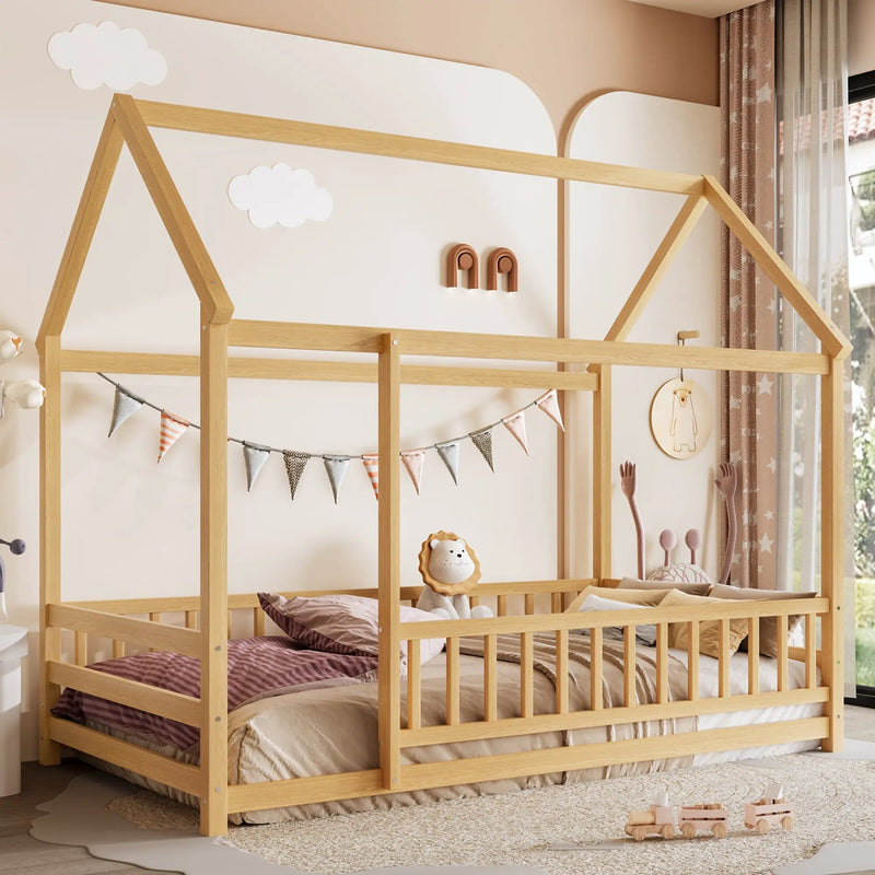 Twin Size Floor Wooden Bed with House Roof Frame, Fence Guardrails by HouseOfZazla