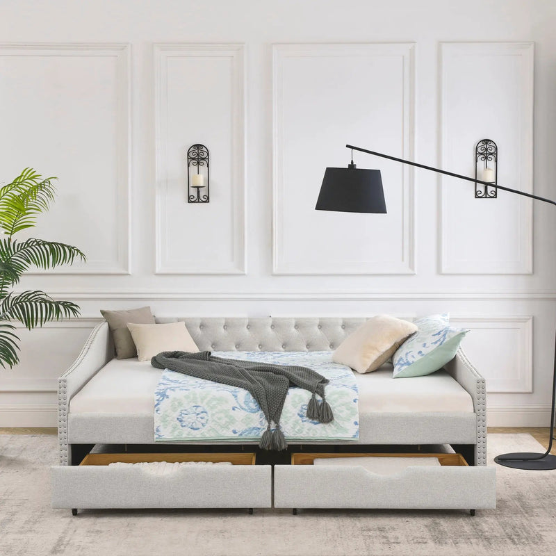 Upholstered Tufted Daybed With Drawers, Waved Arms by Unique Piece Furniture