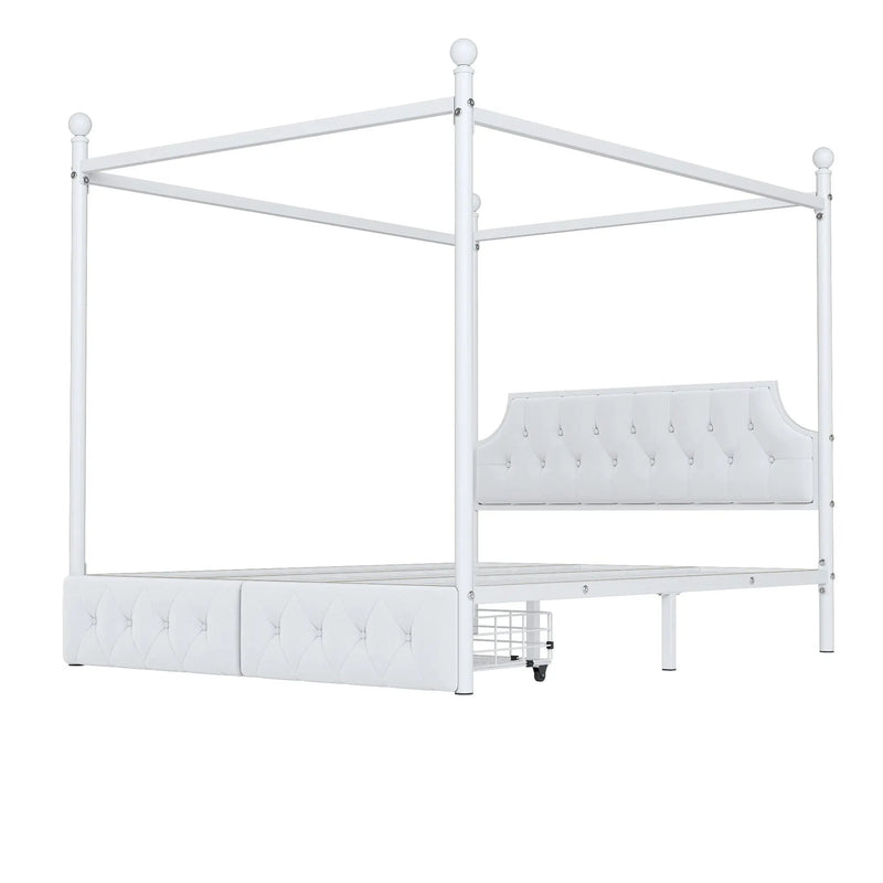 Queen Size Canopy Platform Bed With Upholstered Headboard And 2 Storage Drawers - White by HouseOfZazla