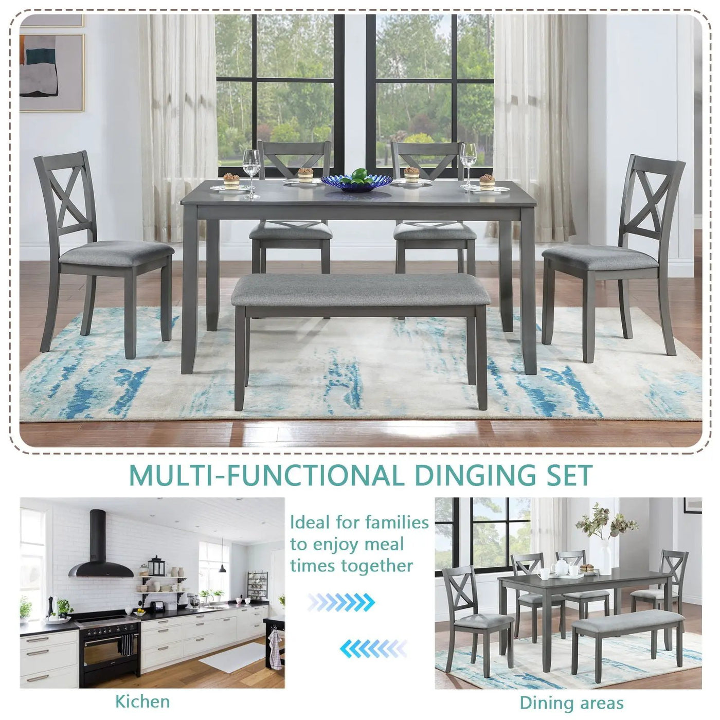 6 Pieces Kitchen Dining Set, Rectangular Wooden Dining Table With 4 Chairs And A Bench by HouseOfZazla
