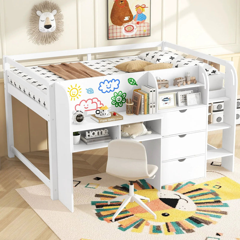 Low Loft Bed With Built In Desk, Storage Cabinets, Open Bookcase And Doodle board by Unique Piece Furniture