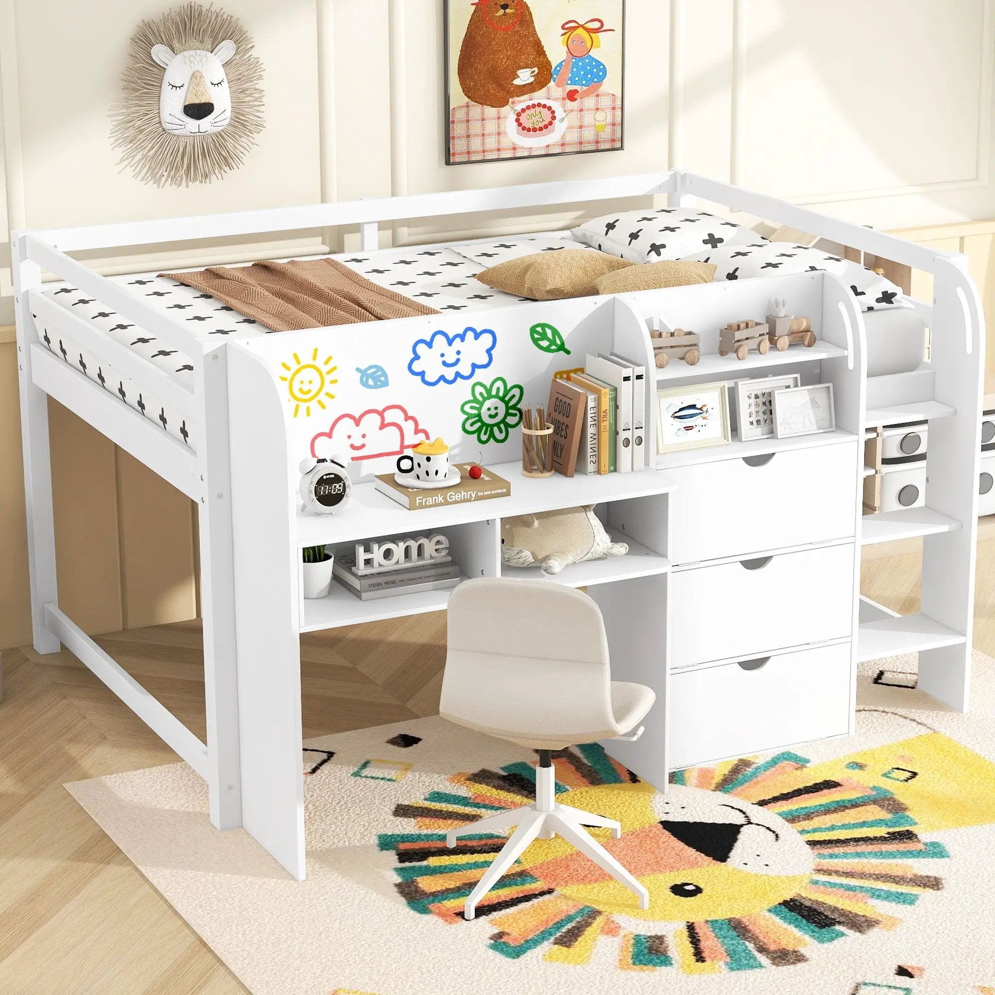 Low Loft Bed With Built In Desk, Storage Cabinets, Open Bookcase And Doodle board by HouseOfZazla