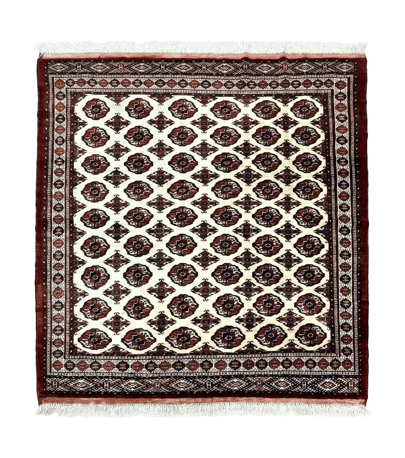 Persian Turkoman Rug 7x8, Almost Square Rare, Hand Knotted, Yamud, Bohemian Rug, Handmade Tribal Rug, Cream Red, Handmade Oriental Carpet by Jewel Rugs