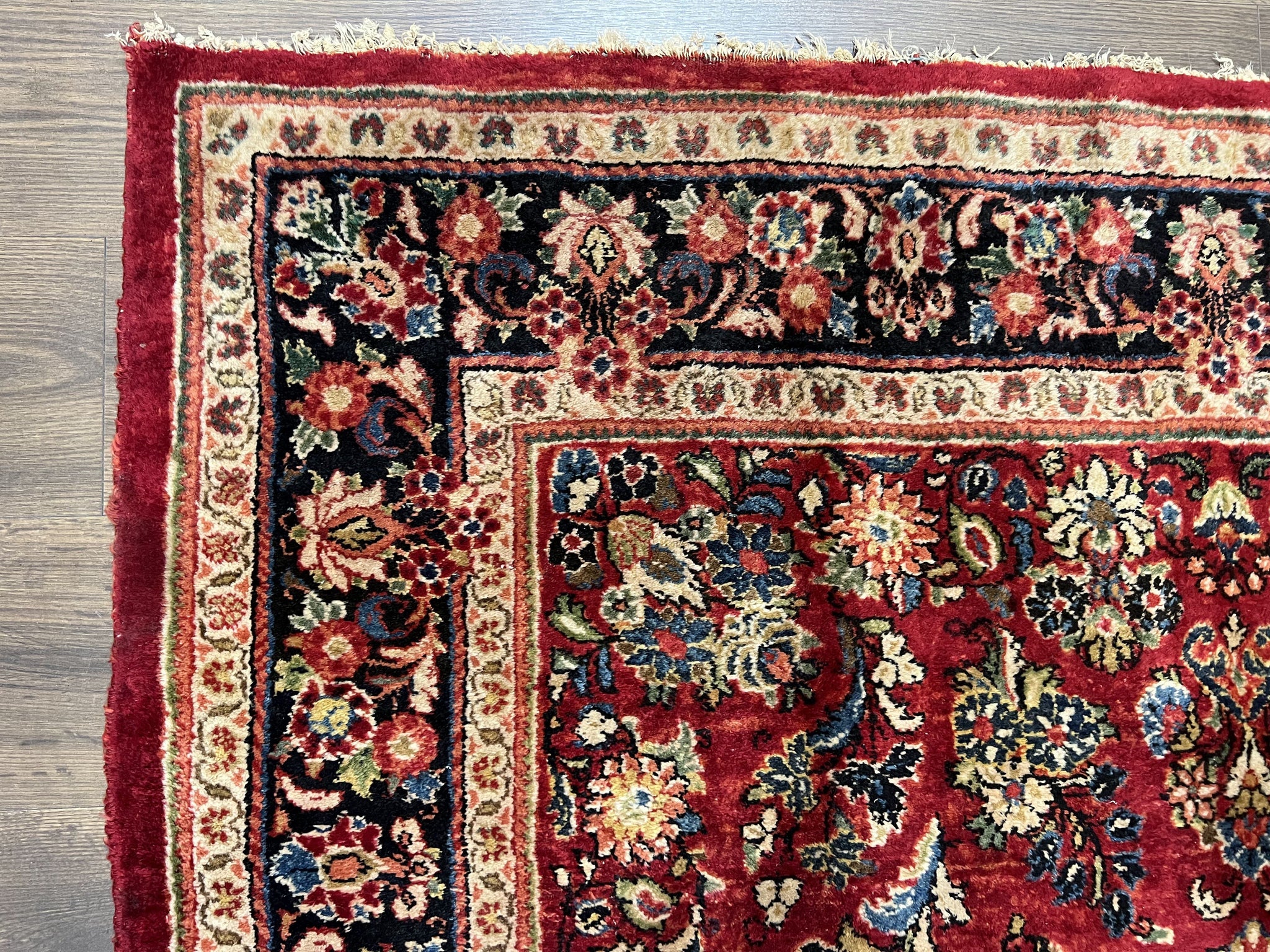 Persian Sarouk Rug 5x6, Hand Knotted Antique 1920s Sarouk, Red Navy Blue by Jewel Rugs