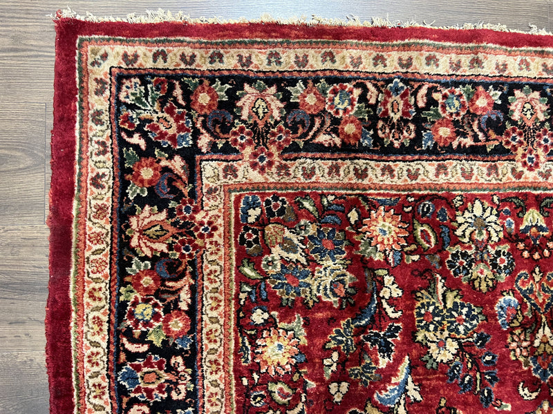 Persian Sarouk Rug 5x6, Hand Knotted Antique 1920s Sarouk, Red Navy Blue by Jewel Rugs